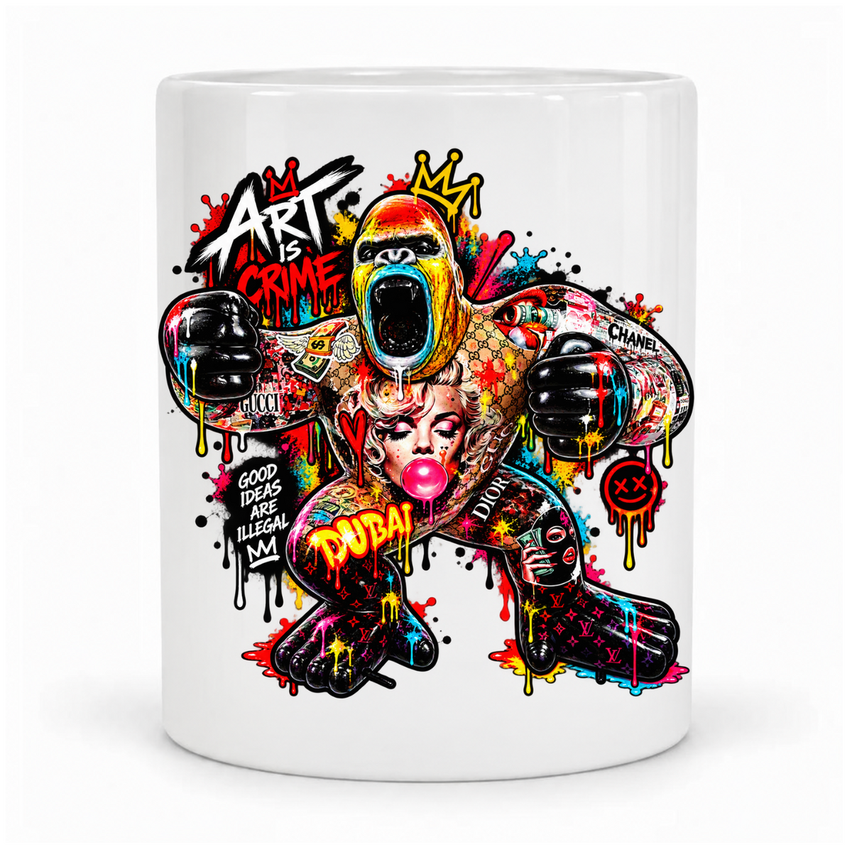 Weiße Krayo-Art-Tasse mit buntem Graffiti-Gorilla, Krone und Schriftzug „Art is Crime“, Vor Kopf bedruckt