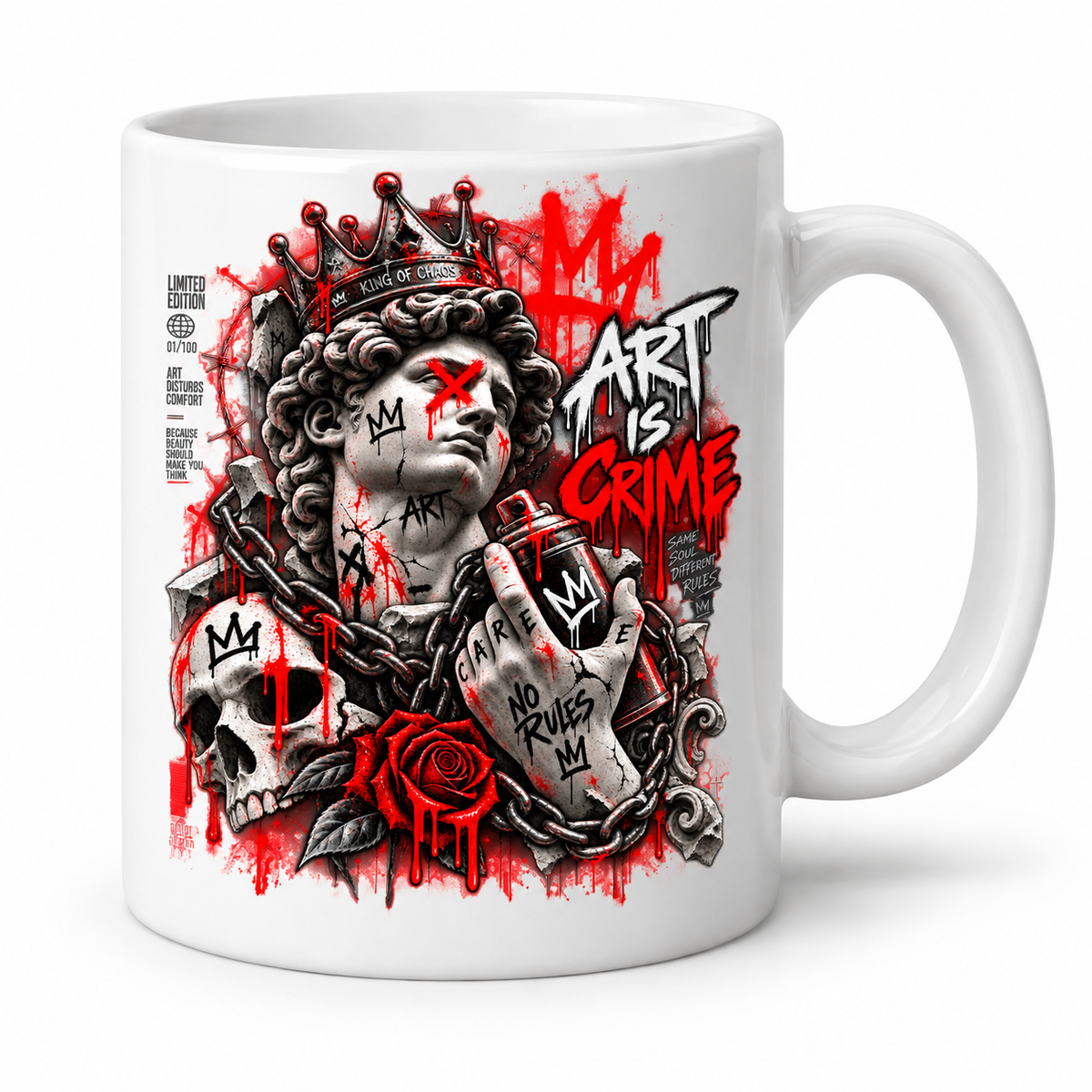 Weiße Krayo-Art-Tasse mit Art-is-Crime-Motiv in Rot, Schwarz und Weiß