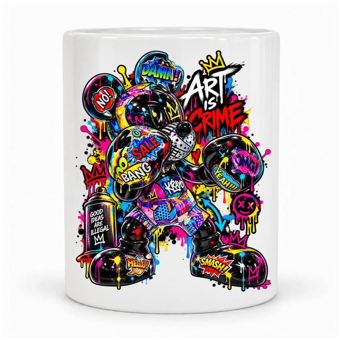 Weiße Krayo-Art-Tasse mit buntem Graffiti-Boxer und Schriftzug „Art is Crime“, Vor Kopf bedruckt