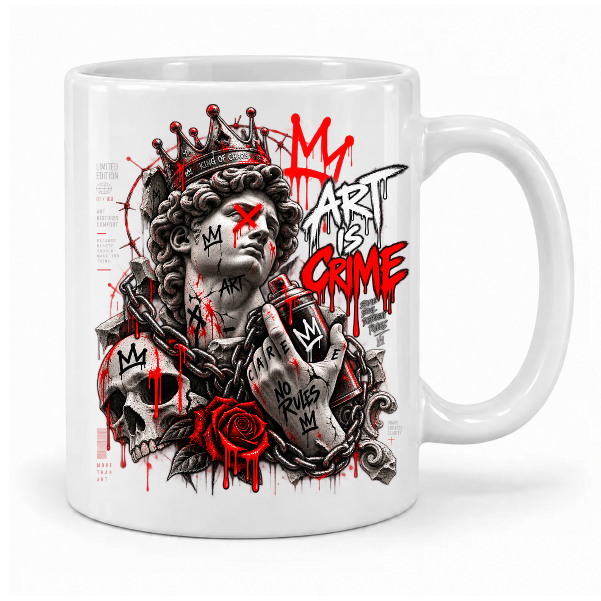 Weiße Krayo-Art-Tasse mit gekrönter Skulptur, roter Rose und Art-is-Crime-Schriftzug, Griff rechts
