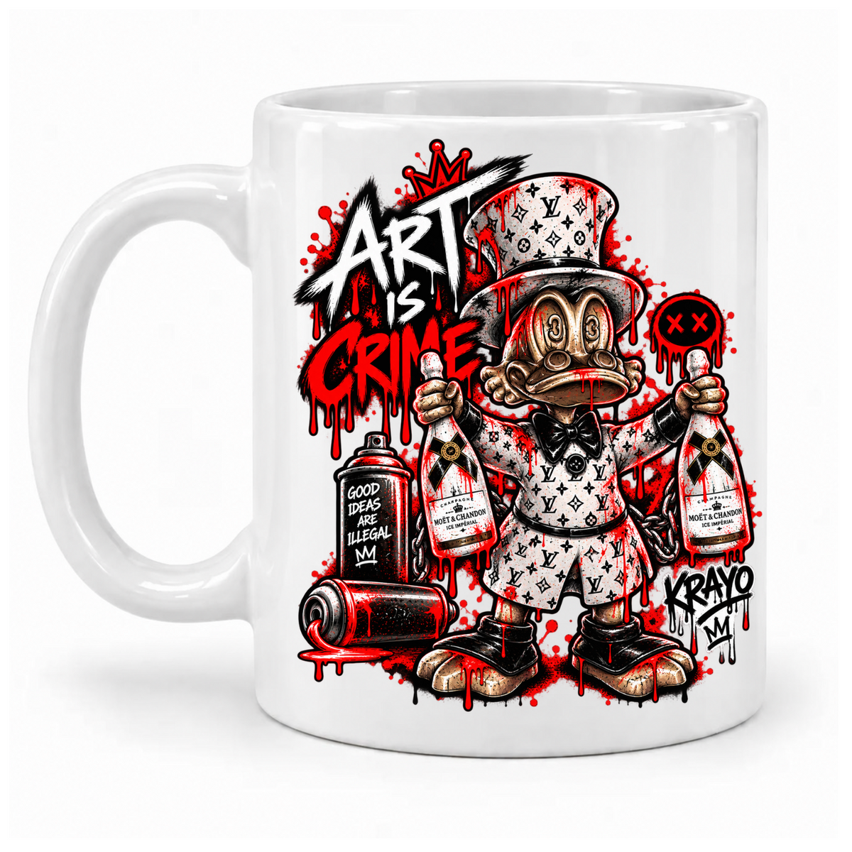 Weiße Krayo-Art-Tasse mit Comic-Ente im Zylinder und „Art is Crime“-Motiv in Rot, Schwarz und Weiß, Griff links