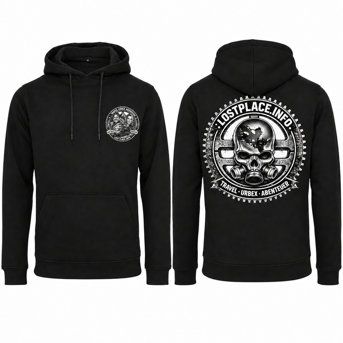 LostPlace.info Hoodie in Schwarz – kleines Brustlogo vorne und großes Totenkopf-Logo hinten