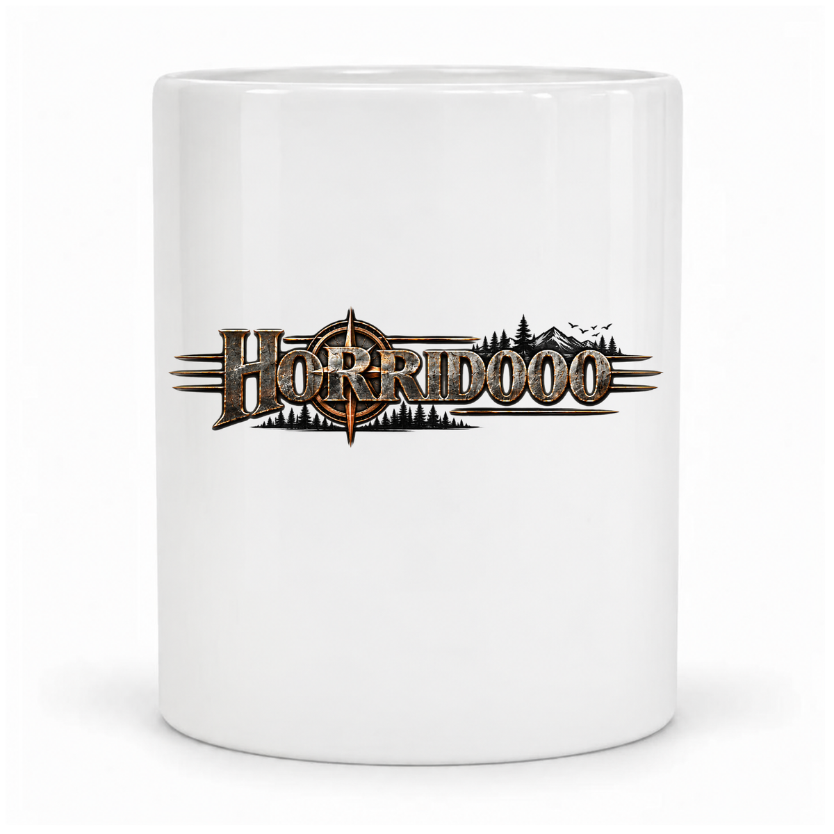 LostPlace.info Horridooo-Kompass-Tasse mit Schriftzug, Wald, Bergen und Vögeln – Motiv frontal, Griff hinten