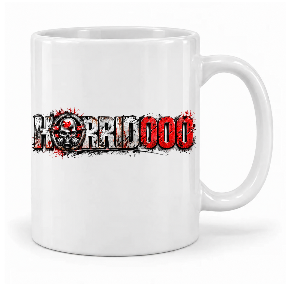 Weiße LostPlace.info Horridooo-Keramiktasse mit rot-schwarzem Schriftzug und Totenkopf – Griff rechts