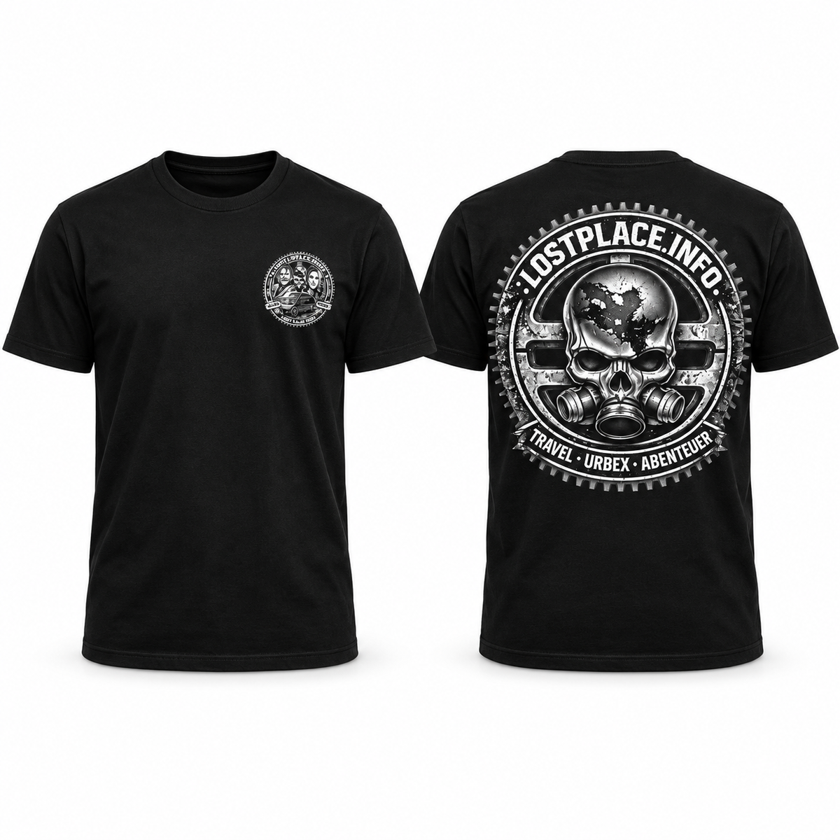 LostPlace.info T-Shirt Schwarz – Vorderseite mit kleinem Brustlogo und Rückseite mit Totenkopf-Motiv