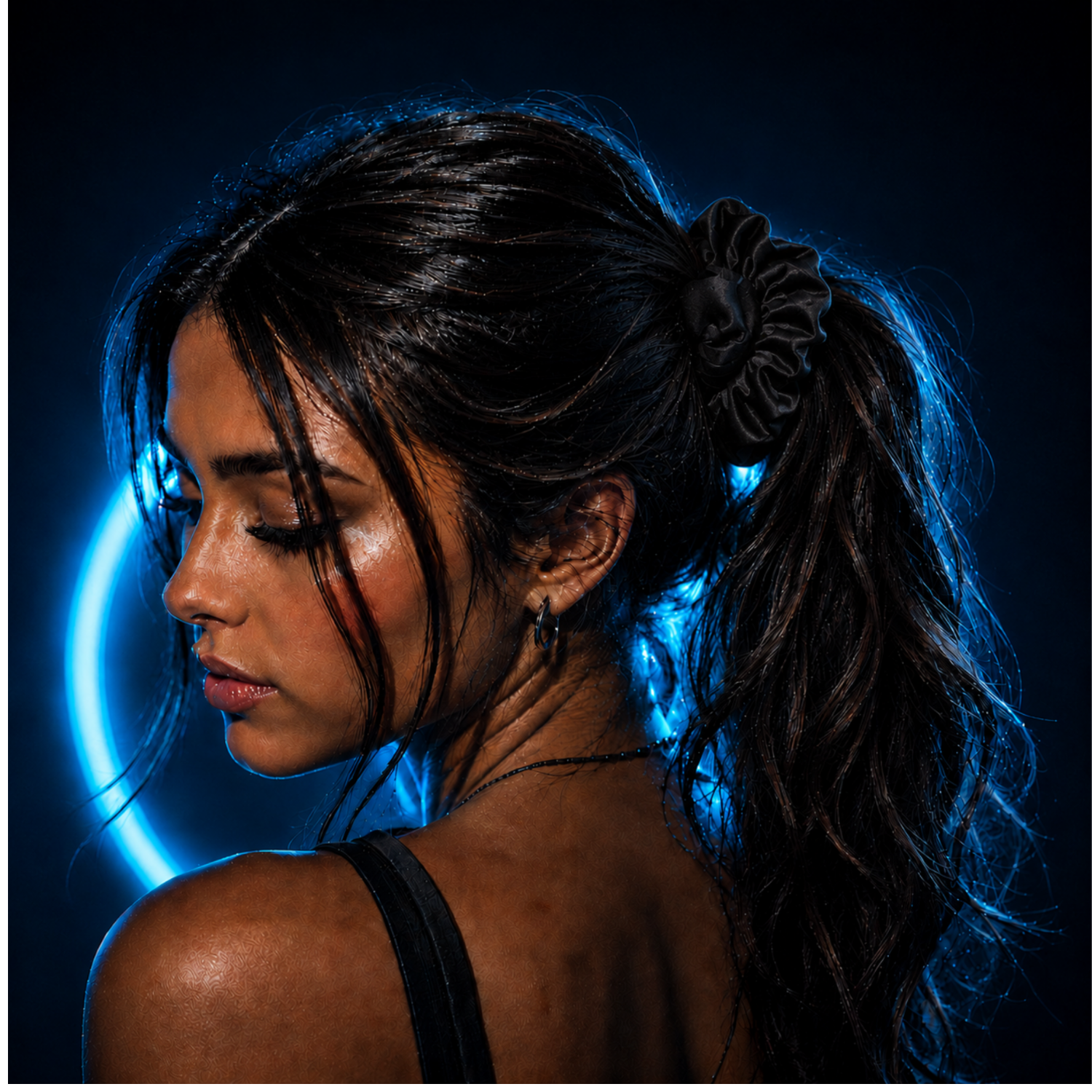 Schwarzer MelliX Scrunchie als eleganter Haargummi getragen – modisches Accessoire mit integriertem Nutzen für Festivals, Partys und den Alltag.