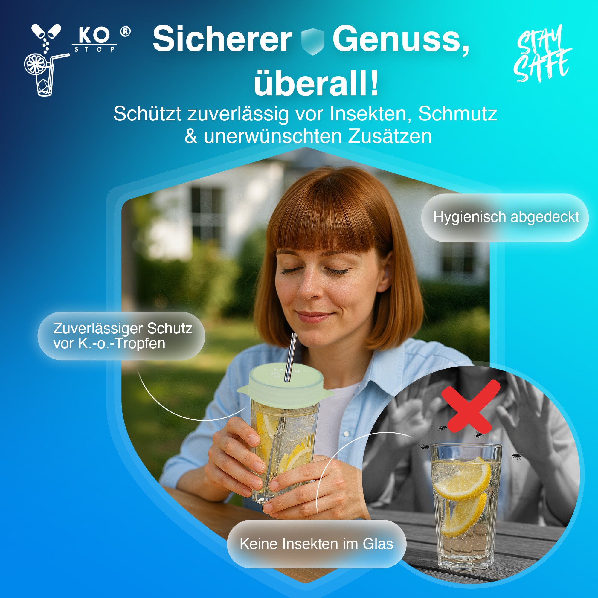 Silikon Drink Cover Anwendung mit Trinkhalm auf Glas und Becher
