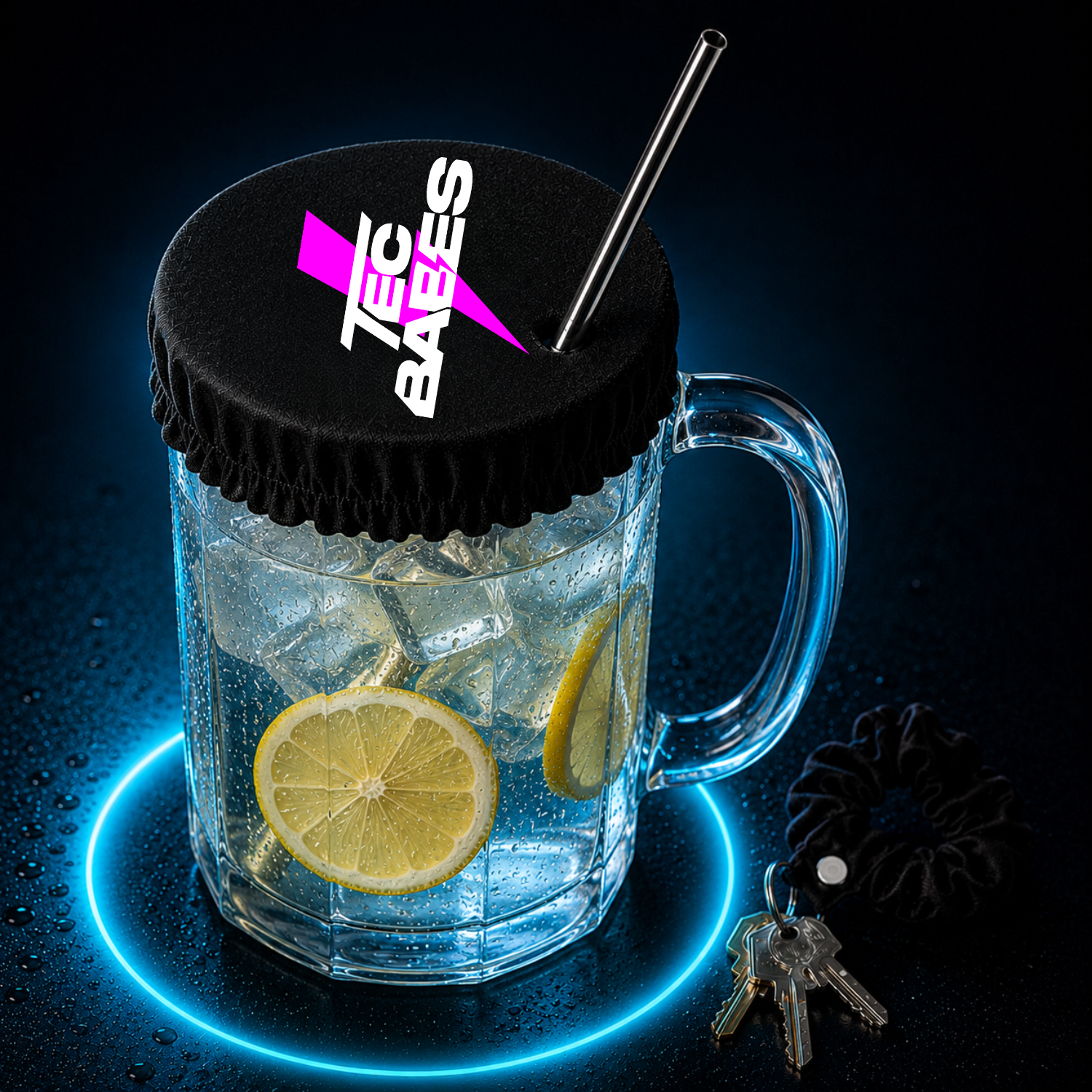 TEC BABES Getränkeschutz auf einem Glas mit Strohhalmöffnung. Wiederverwendbarer Getränkeschutz gegen Verunreinigungen für Festivals, Partys und Veranstaltungen.