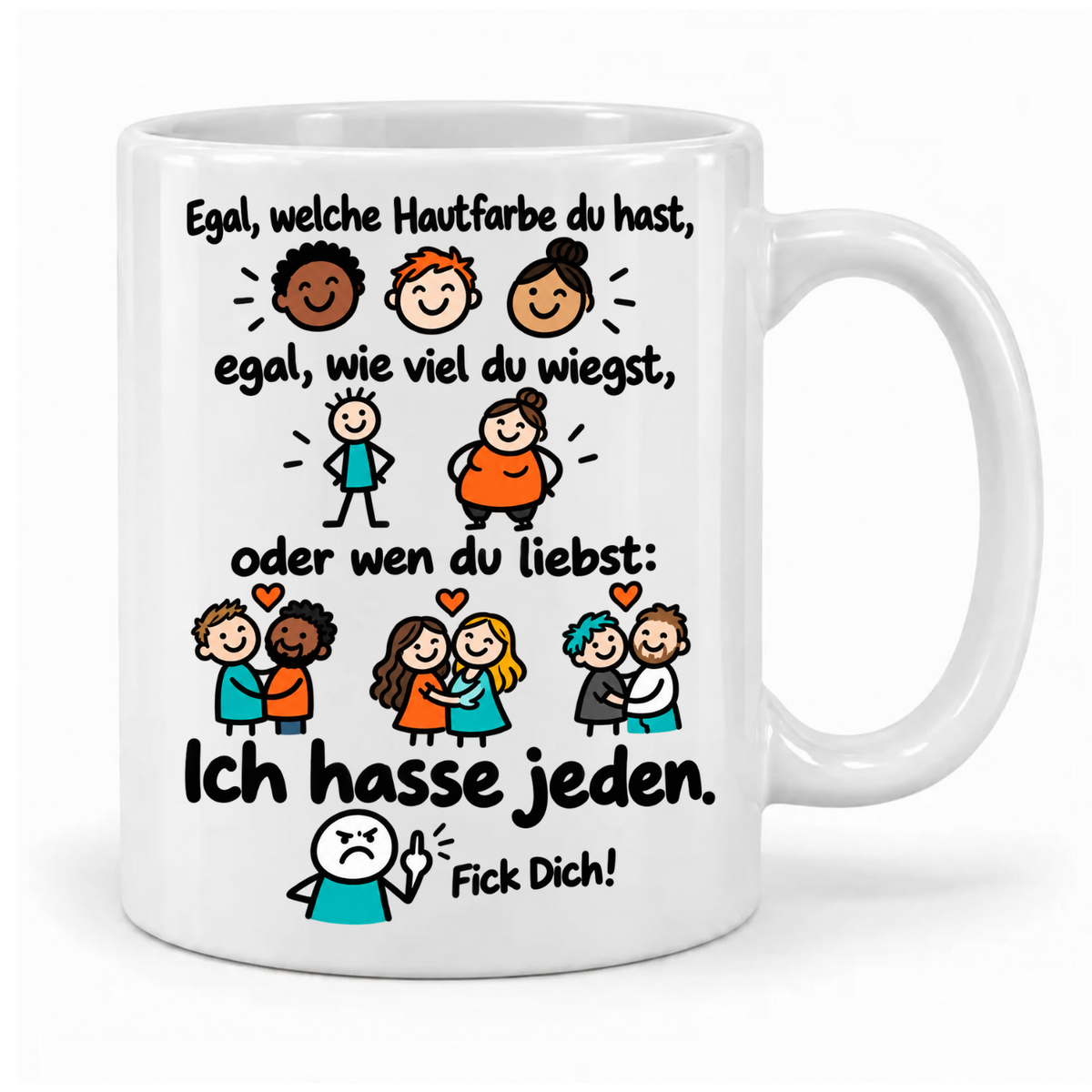 Weiße Tasse „Ich hasse jeden.“ mit bunten Comicfiguren, provokantem Spruch und Mittelfinger-Motiv, Griff rechts