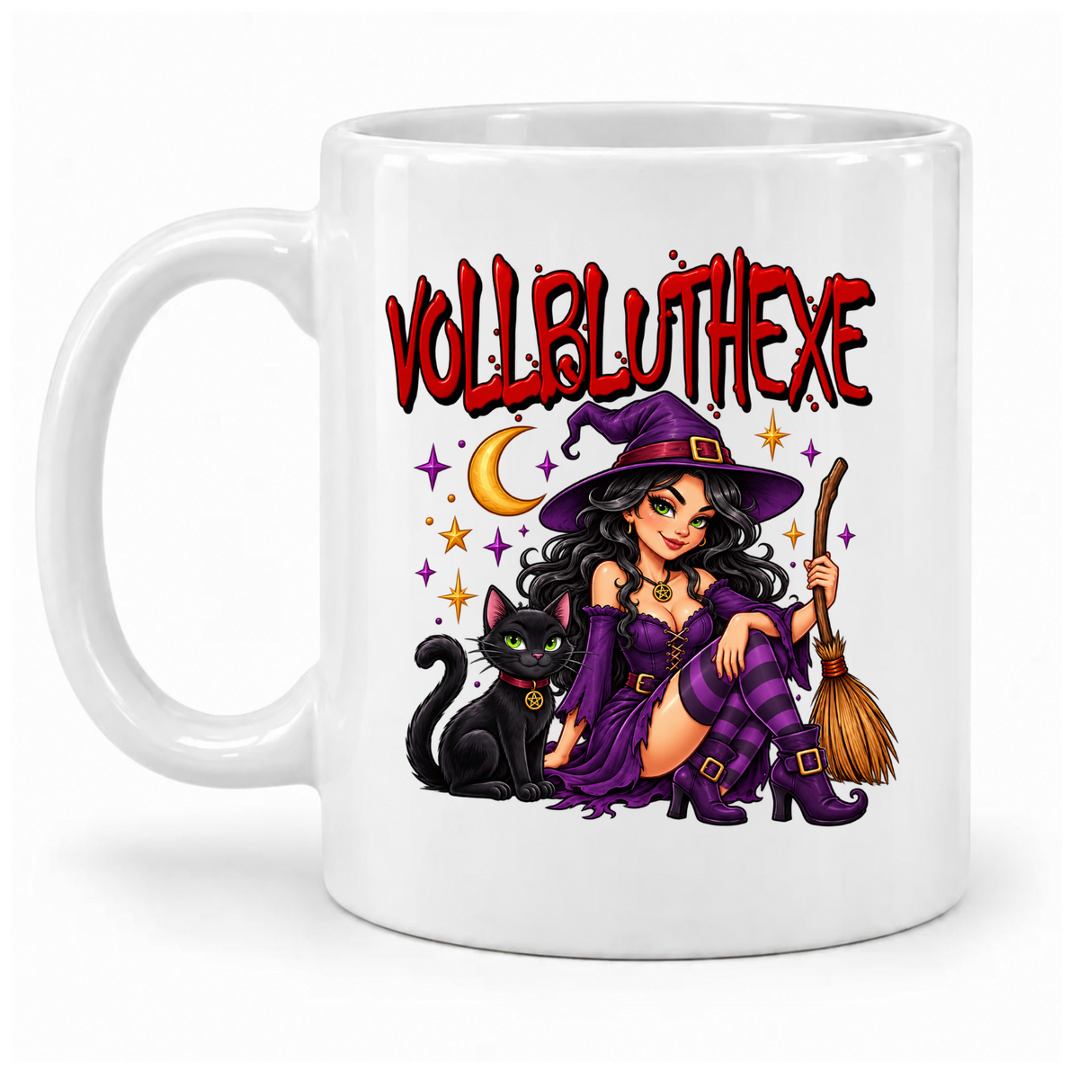 Weiße Tasse „Vollbluthexe“ mit Hexe in Violett, schwarzer Katze, Besen, Mond und Sternen, Griff links