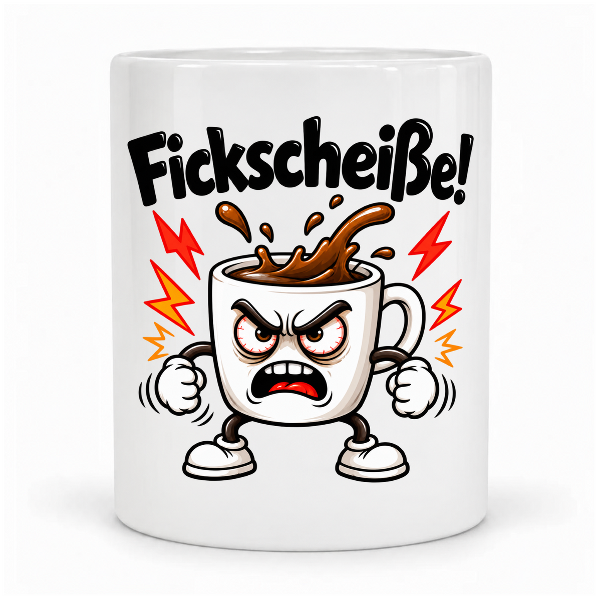 Weiße Tasse „Fickscheiße!“, vor Kopf bedruckt mit wütender Comic-Kaffeetasse, Kaffeespritzern und Blitzen; Griff hinter der Tasse