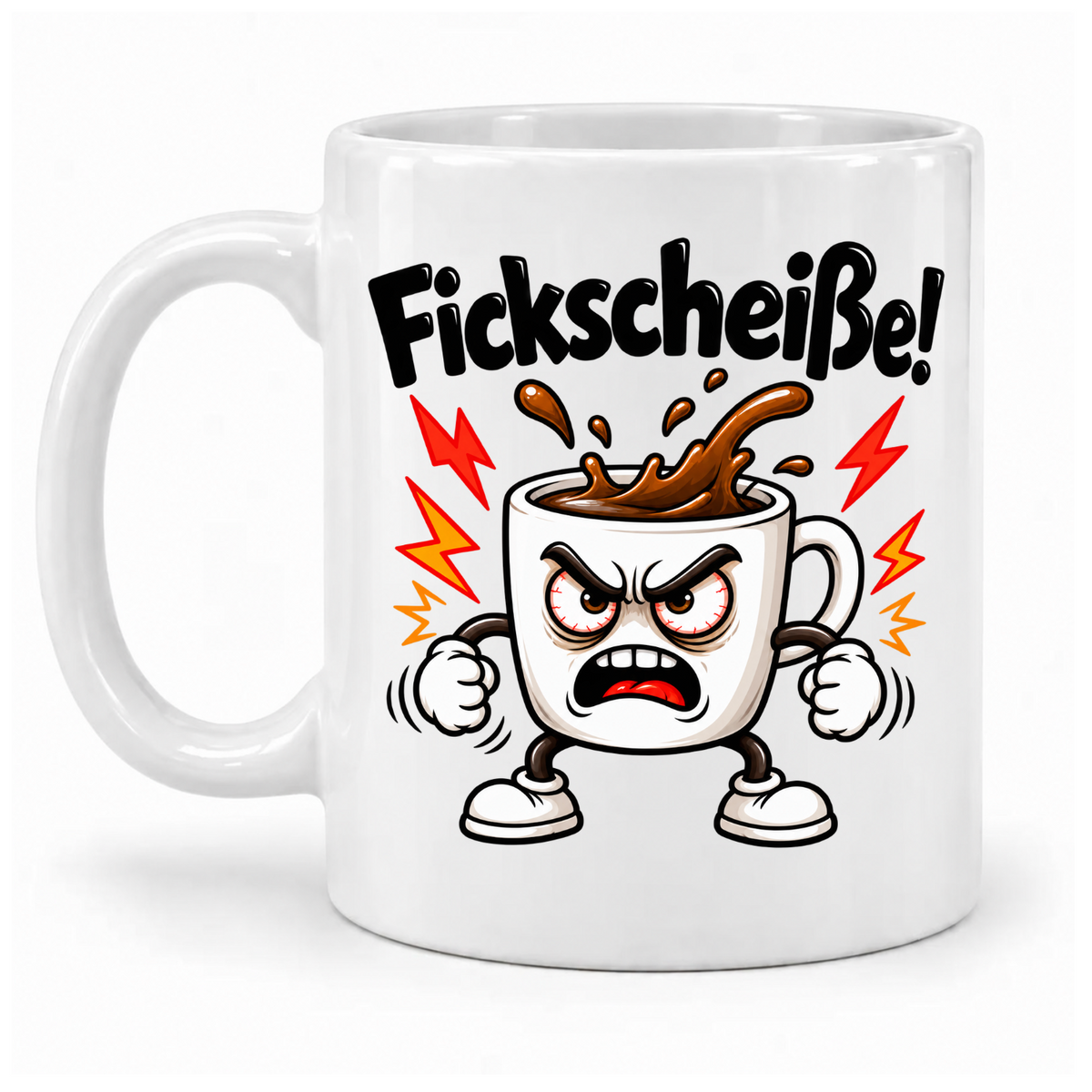 Weiße Tasse „Fickscheiße!“ mit wütender Comic-Kaffeetasse, geballten Fäusten, Kaffeespritzern und Blitzen, Griff links