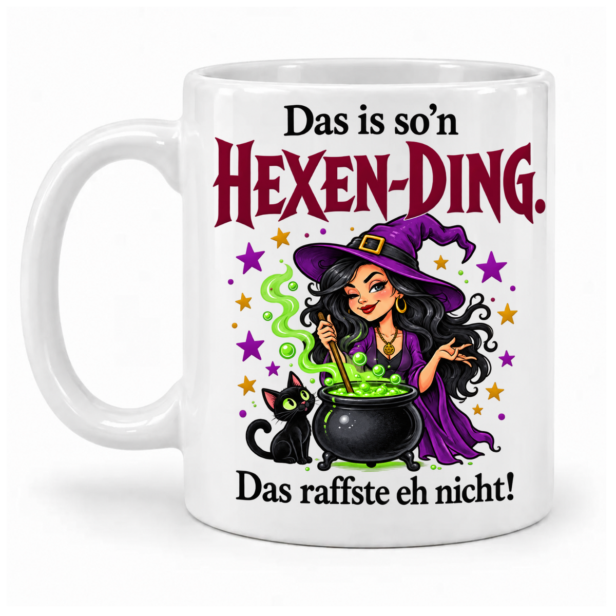 Weiße Tasse „Das is so’n Hexen-Ding. Das raffste eh nicht!“ mit zwinkernder Hexe, schwarzer Katze und grünem Zaubertrank, Griff links