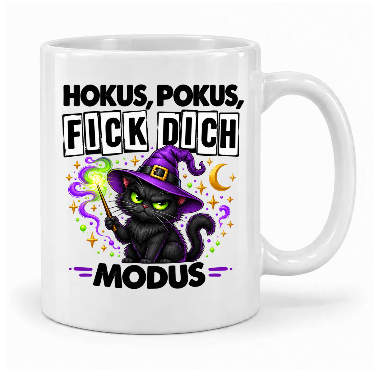 Weiße Tasse „Hokus, Pokus, Fick dich – Modus“ mit schwarzer Katze, violettem Hexenhut und Zauberstab, Griff rechts