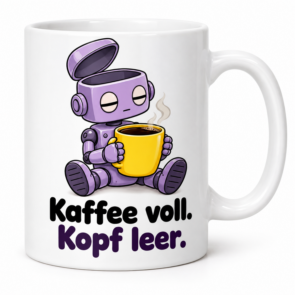 Weiße Keramiktasse mit Spruch „Kaffee voll. Kopf leer.“ und Lila Roboter mit gelber Kaffeetasse, Griff rechts.